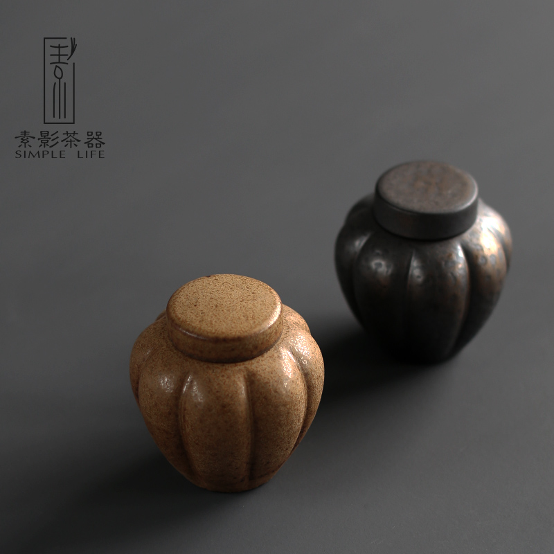 Plain film creative coarse pottery small caddy fixings ancient up circular storehouse, black iron gold square kung fu tea POTS