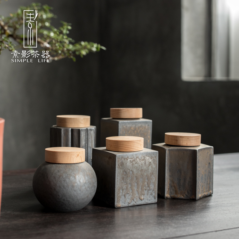 Plain film gold geometric caddy fixings coarse pottery manually save POTS small wooden lid, moistureproof and tea pot of tea storehouse
