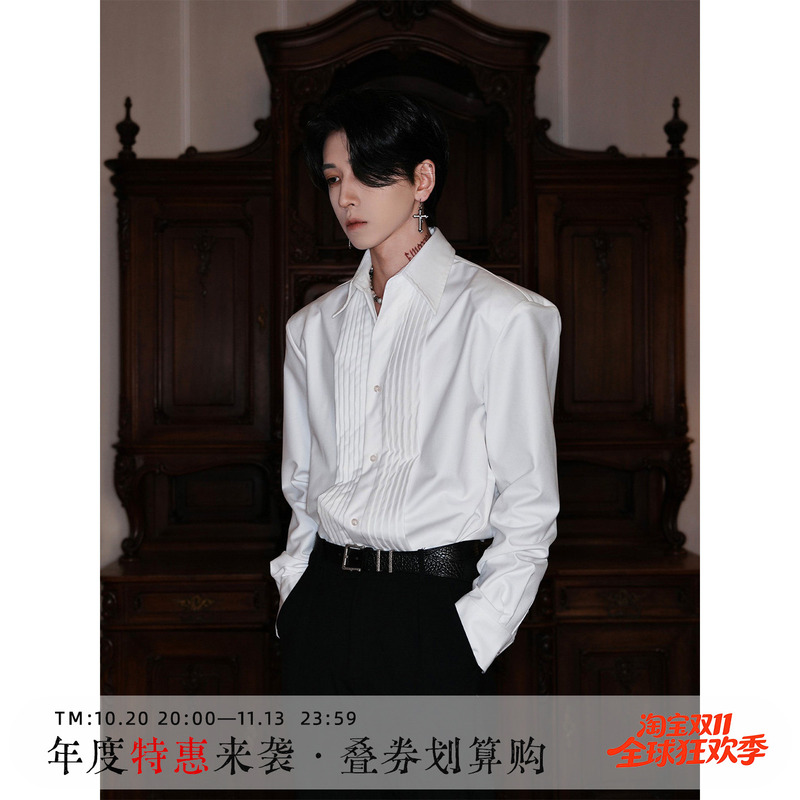 Harh "Lan Ye Yue Bai 2Nd Generation" Original French Aristocratic Style Organ Design Black and White Shirt with Shoulder Pads for Men
