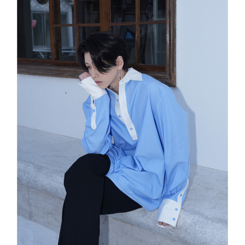 Harh's Original White-Collar Patchwork Blue Striped Shirt, Loose Casual Long-Sleeved Lazy Shirt