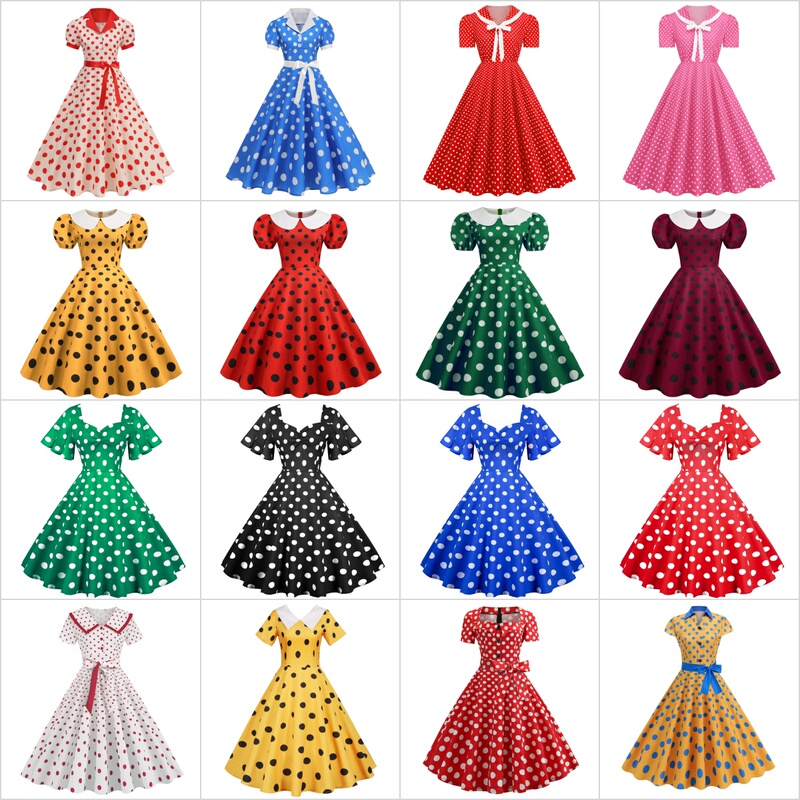 Hong Kong Style Retro Short-Sleeved Polka Dot Dress with Doll Collar for Stage Performance, Annual Meeting, Dance Party, Mid-Length Flared Skirt