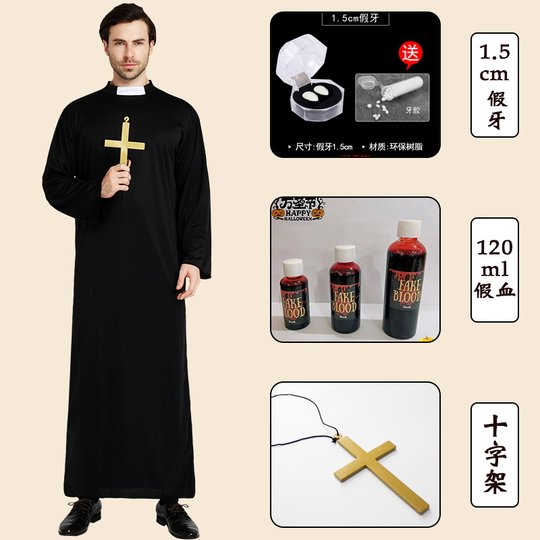 ¡Sacerdote y monja! Disfraz de Halloween disfraz de sacerdote túnica misionera hombre real actuación adulta sacerdocio en blanco y negro
