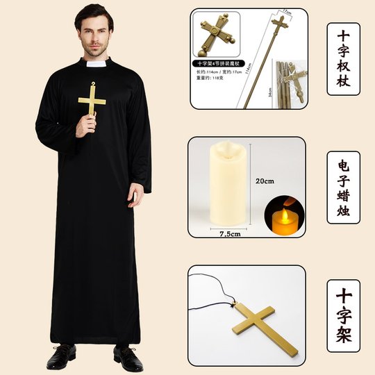¡Sacerdote y monja! Disfraz de Halloween disfraz de sacerdote túnica misionera hombre real actuación adulta sacerdocio en blanco y negro