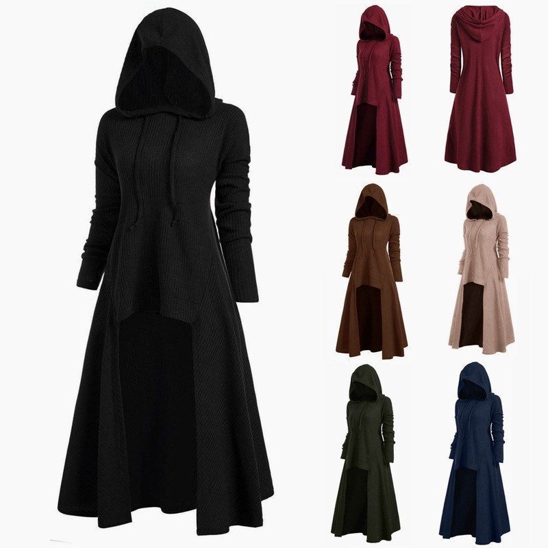 Long-Sleeved Knitted Hooded Casual Sweatshirt Dress for Women, Spring and Autumn Coat with Irregular Hem, Thick Cape, Black Long-Sleeved Knitted Hooded Casual Sweatshirt Dress for Women, Spring and Autumn Coat with Irregular Hem, Thick Cape, Black