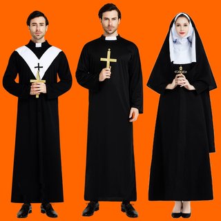 Father and Nun! Halloween Cosplay Costume Priest Robe Missionary Royal Male Adult Performance Black and White Clerical Attire