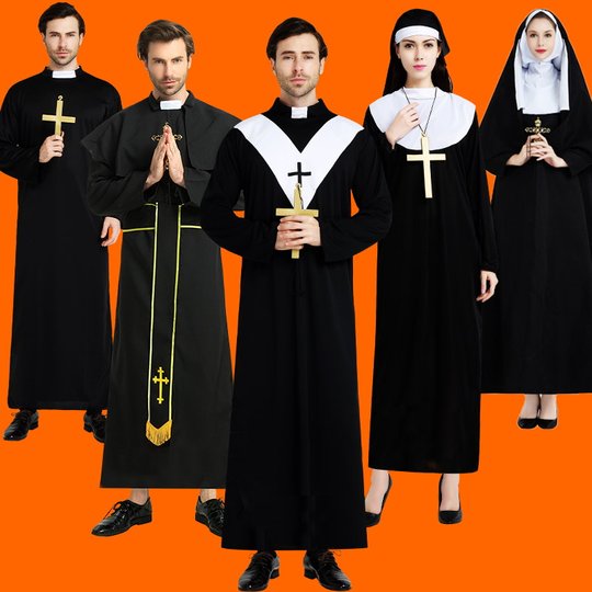 ¡Sacerdote y monja! Disfraz de Halloween disfraz de sacerdote túnica misionera hombre real actuación adulta sacerdocio en blanco y negro