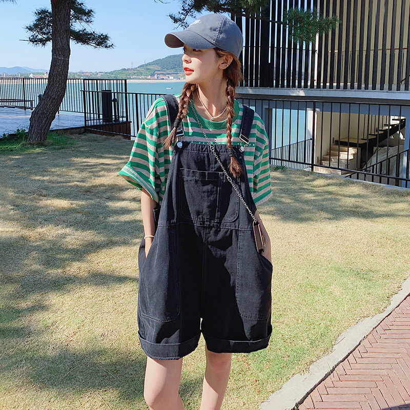 Trendy Street-Style Denim Overalls for Women, Summer Thin Version, Petite Korean Style Loose Two-Piece Shorts Set