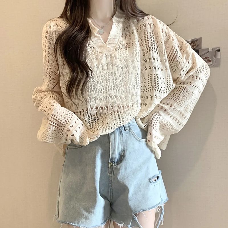 White Bohemian Knitted Cover-Up for Women, Spring and Summer Fishnet Sweater, Hollow-Out Sun Protection Long-Sleeve Relaxed Top White Bohemian Knitted Cover-Up for Women, Spring and Summer Fishnet Sweater, Hollow-Out Sun Protection Long-Sleeve Relaxed Top
