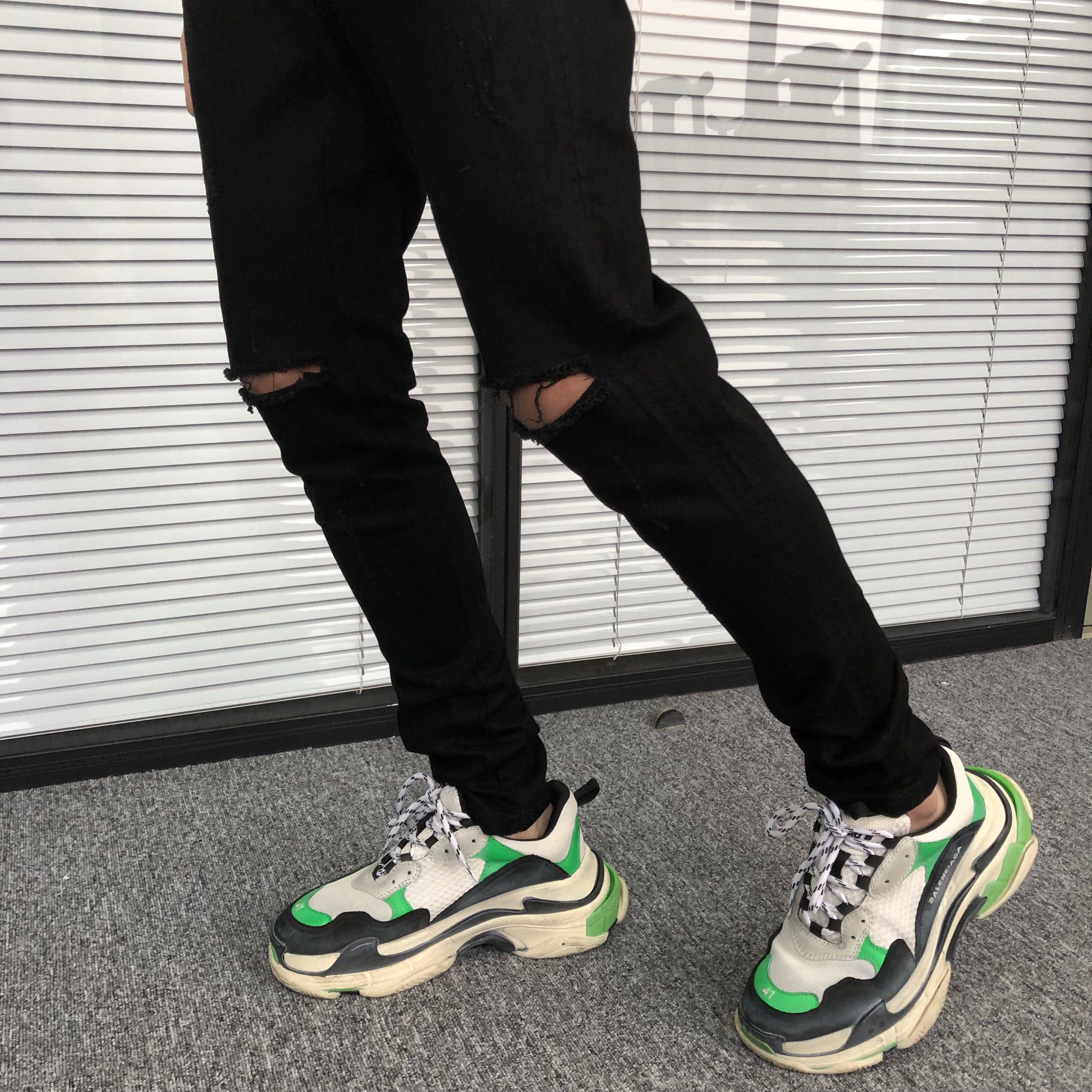 BONELESS WASHED OLD KNEE RIPPED JEANS MEN's BLACK KNIFE CUT TROUSERS HIGH STREET SUMMER SLIM FIT STRETCH