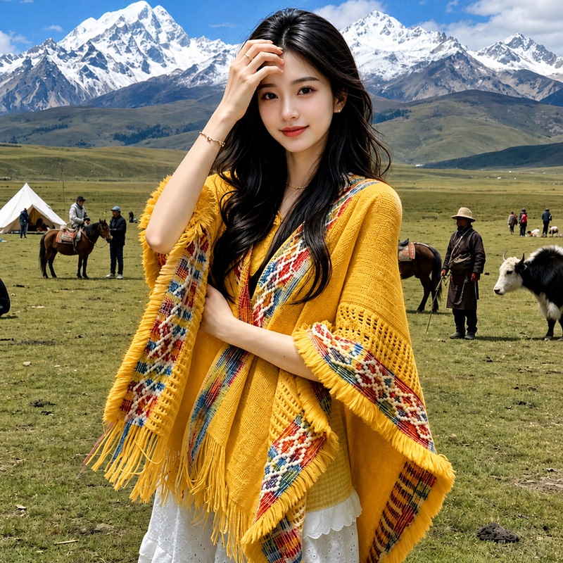 Ethnic Style Yellow Shawl for Women, Autumn and Winter Warm Cloak, Xinjiang and Tibet Travel Outfit, Bohemian Scarf Ethnic Style Yellow Shawl for Women, Autumn and Winter Warm Cloak, Xinjiang and Tibet Travel Outfit, Bohemian Scarf