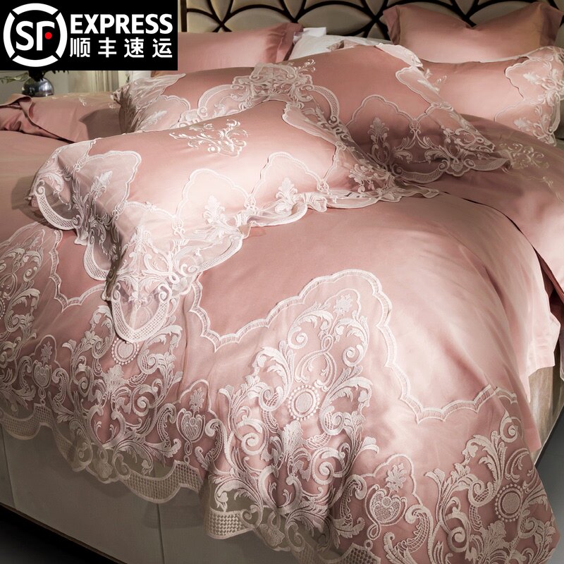 High-grade European cotton satin four-piece bed bag velvet cotton model room Lace embroidery Wedding princess solid color six-piece set