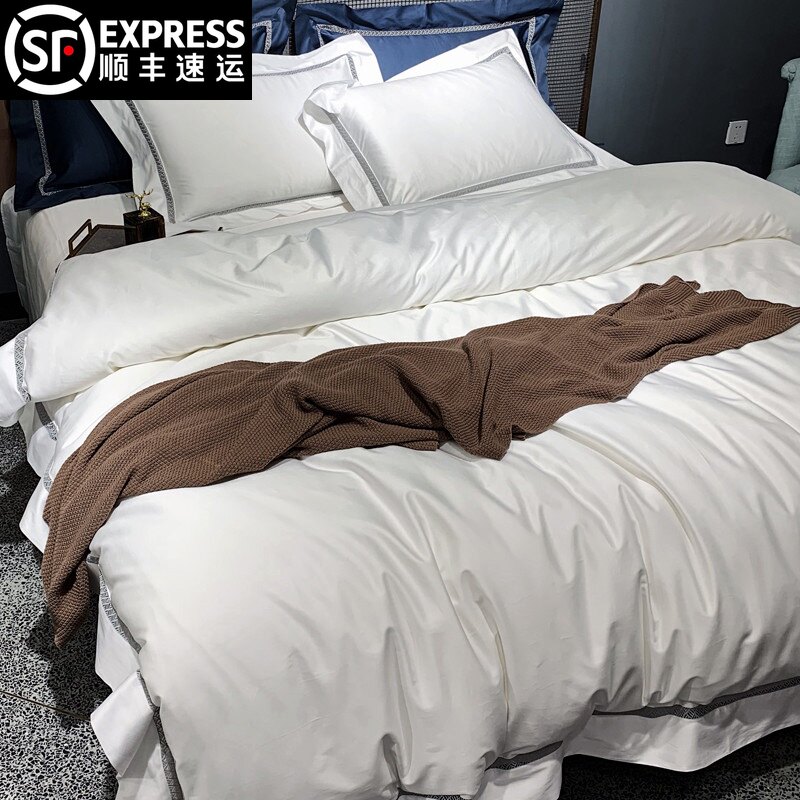 European simple pure white 140S high-end cotton four-piece set Five-star hotel luxury villa model room bedding
