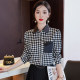 Satin fashion autumn green plaid shirt new fashionable western style design niche chic square collar top