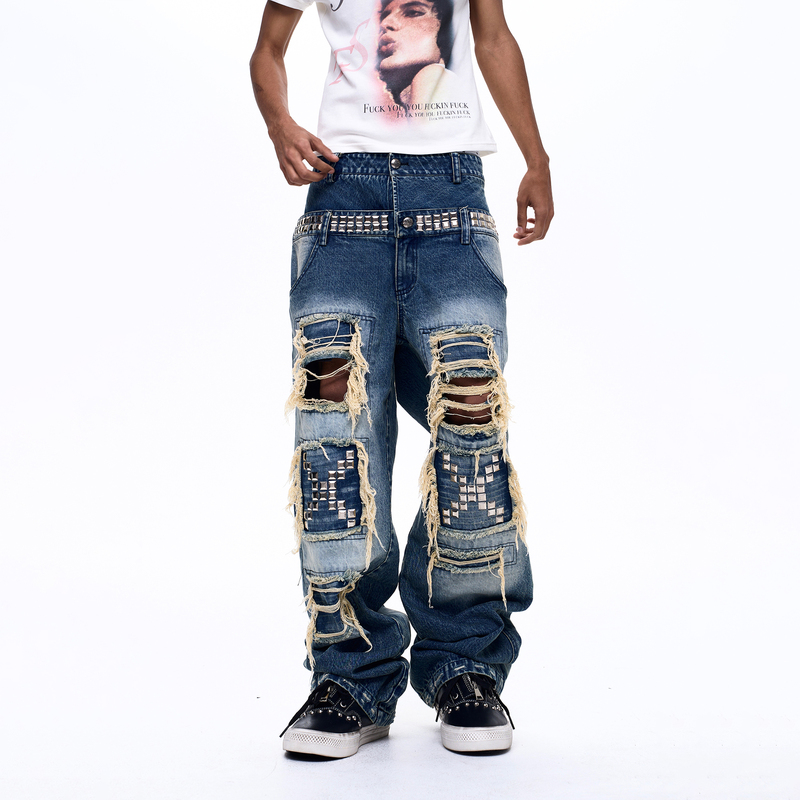 Fourth3Ex Double Waistband Ripped Jeans for Men, Summer Visual Style Sequin Patchwork Street Distressed Floor-Length Pants Fourth3Ex Double Waistband Ripped Jeans for Men, Summer Visual Style Sequin Patchwork Street Distressed Floor-Length Pants