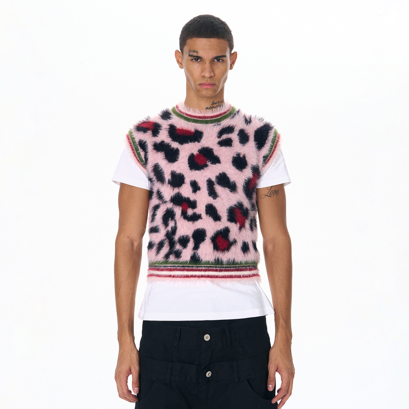 Fourth3Ex 25Fw Pink Leopard Print Furry Knit Vest Men's Autumn Furry Short Vest Sweater