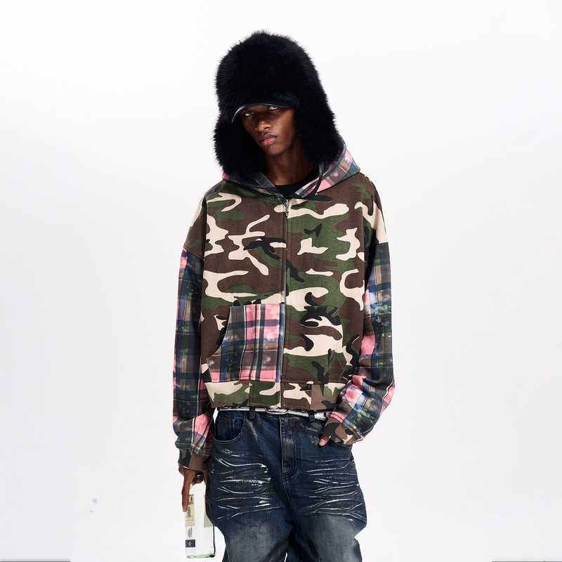Fourth3Ex Original Plaid Patchwork Camouflage Hooded Sweatshirt Jacket for Men Autumn and Winter American Retro Jacket Hoodie Fourth3Ex Original Plaid Patchwork Camouflage Hooded Sweatshirt Jacket for Men Autumn and Winter American Retro Jacket Hoodie