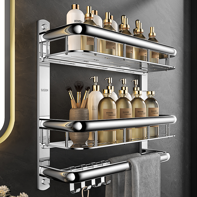 304 Stainless Steel Bathroom Storage Rack, No-Drill Integrated Towel Rack, Toilet Washroom Storage Shelf