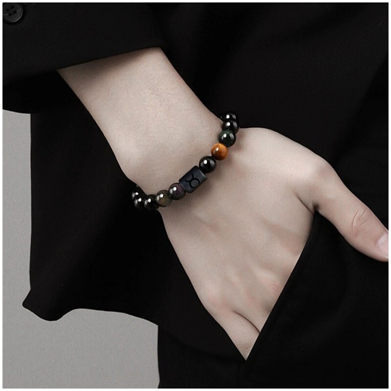 Twelve Zodiac Signs Obsidian Bracelet for Men Trendy Ins Niche Style Vintage High-End Beaded Jewelry Zodiac Bracelet
