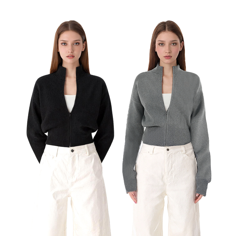 Sundayam American-Style Zip-Up Stand Collar Gray Sweater Knitted Cardigan Short Black Top Waist-Cinching Jacket for Women Winter Sundayam American-Style Zip-Up Stand Collar Gray Sweater Knitted Cardigan Short Black Top Waist-Cinching Jacket for Women Winter