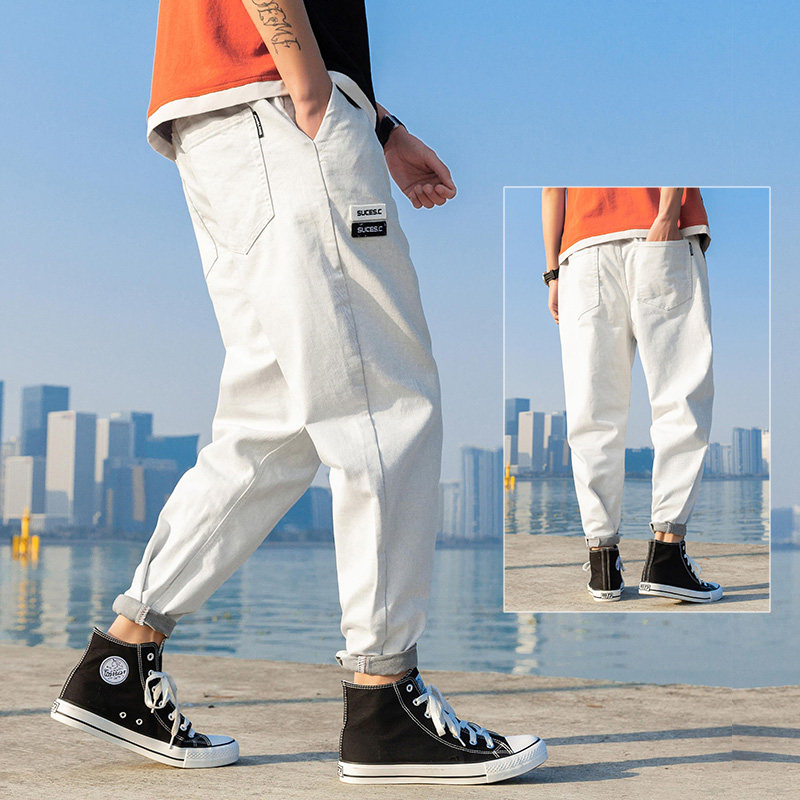 2021 new summer thin jeans men's sports casual pants trend brand loose small feet trend nine-point men's pants