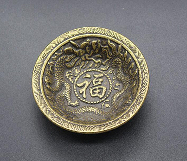Folk Collection Pure Brass Brass Bowl Bronze Cup Relief Dragon Fu Character Twin Dragon Play Pearl Hong Character Bottom Fol Bowl