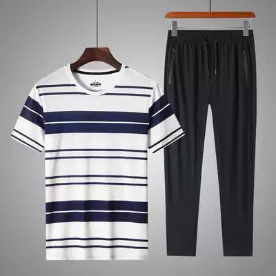 Middle-aged and elderly ice silk casual dad summer clothes 2021 new summer men's short-sleeved T-shirt middle-aged sports suit men