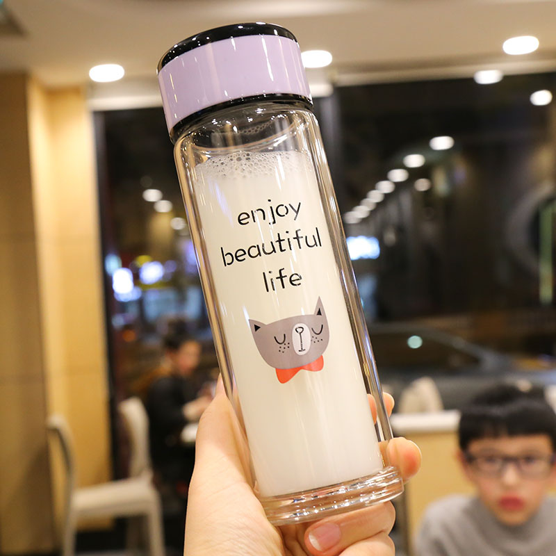 Transparent glass with simple personality, double layer heat insulation and portable water cup