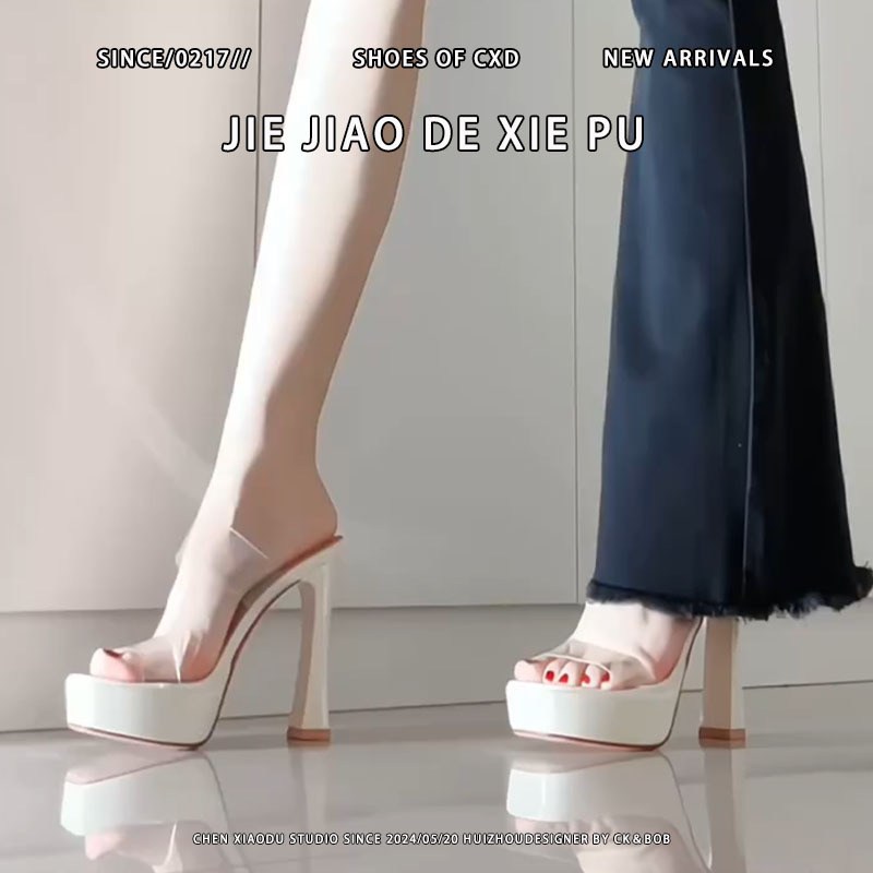 Waterproof Platform High Heels for Women 2026 Summer New Style Sexy White Outerwear Non-Tiring Thick Heel Transparent Strap Sandals for Women