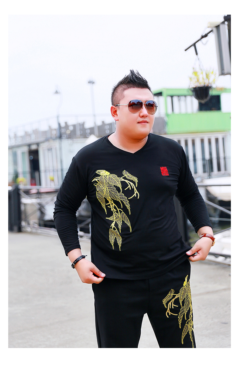 Tide thương hiệu người đàn ông béo cộng với phân bón XL mùa thu tay áo dài nam cổ chữ V áo thun béo lớn thêm lớn cơ thể người béo cộng với nhung đồ nam đẹp