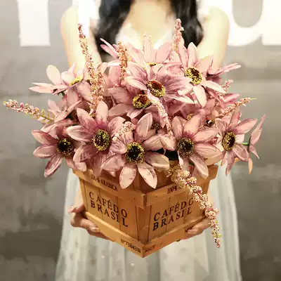 American retro simulation fake bouquet potted nostalgic wood art furnishings living room decorations home plastic silk flower ornaments