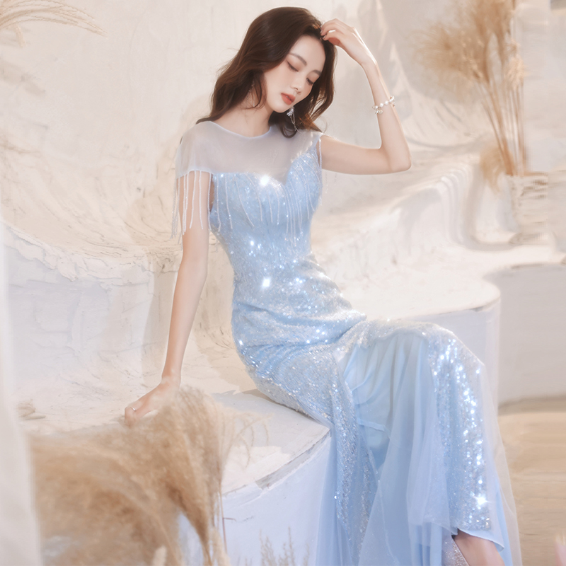 Blue Evening Dress for Women 2026 New Style Light Luxury Niche High-End Banquet Elegant Host Dress Graduation Fishtail Blue Evening Dress for Women 2026 New Style Light Luxury Niche High-End Banquet Elegant Host Dress Graduation Fishtail