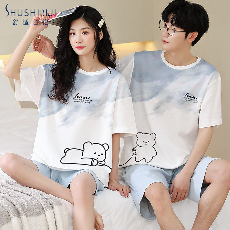 Couple Pajamas for Women, Summer Thin Pure Cotton Cartoon Cute Short-Sleeved Cotton Home Clothes That Can Be Worn Outside, Men's Summer Suit