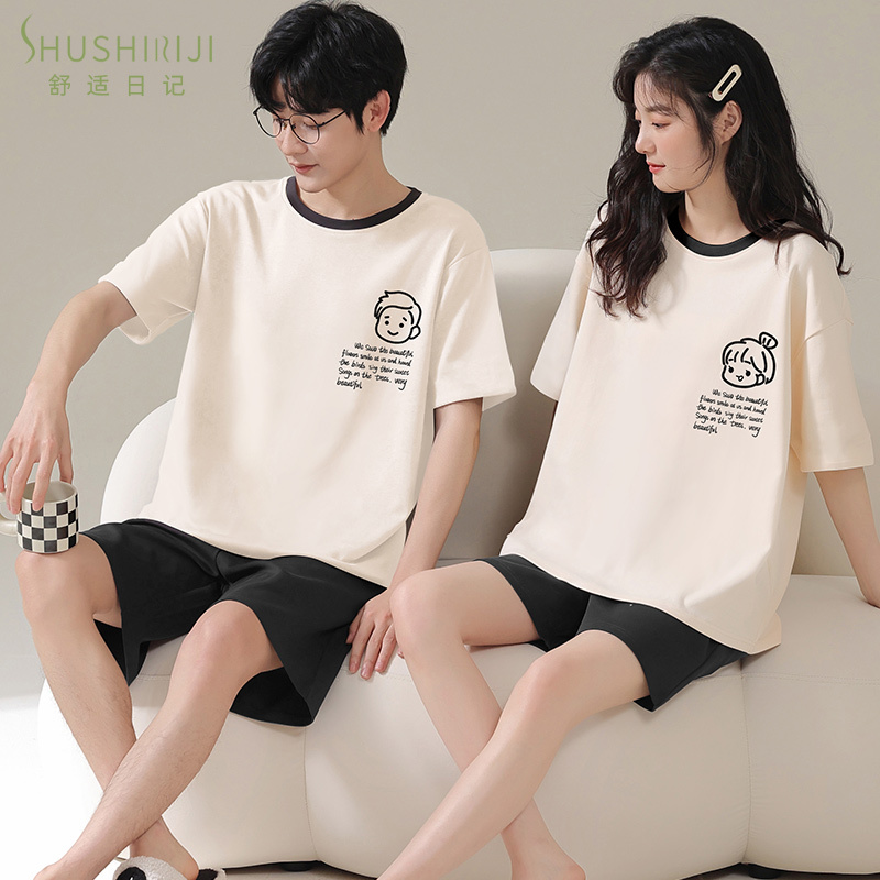 Couple Pajamas Summer Pure Cotton Short-Sleeved Shorts 2026 New Cute Men and Women with Chest Pads Can Be Worn Outside Home Clothes