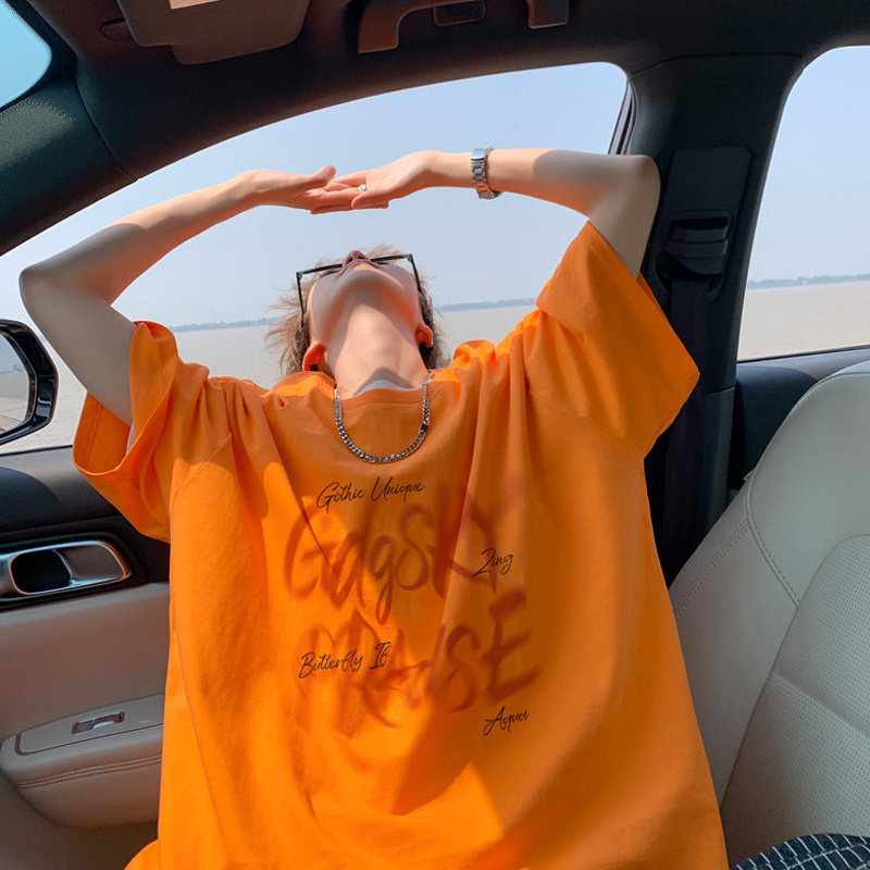 Dopamine-Style Outfit: Orange T-Shirt for Men, Summer High-Weight Pure Cotton, Colorful Short-Sleeve, American High Street Style, Couple's Half-Sleeve