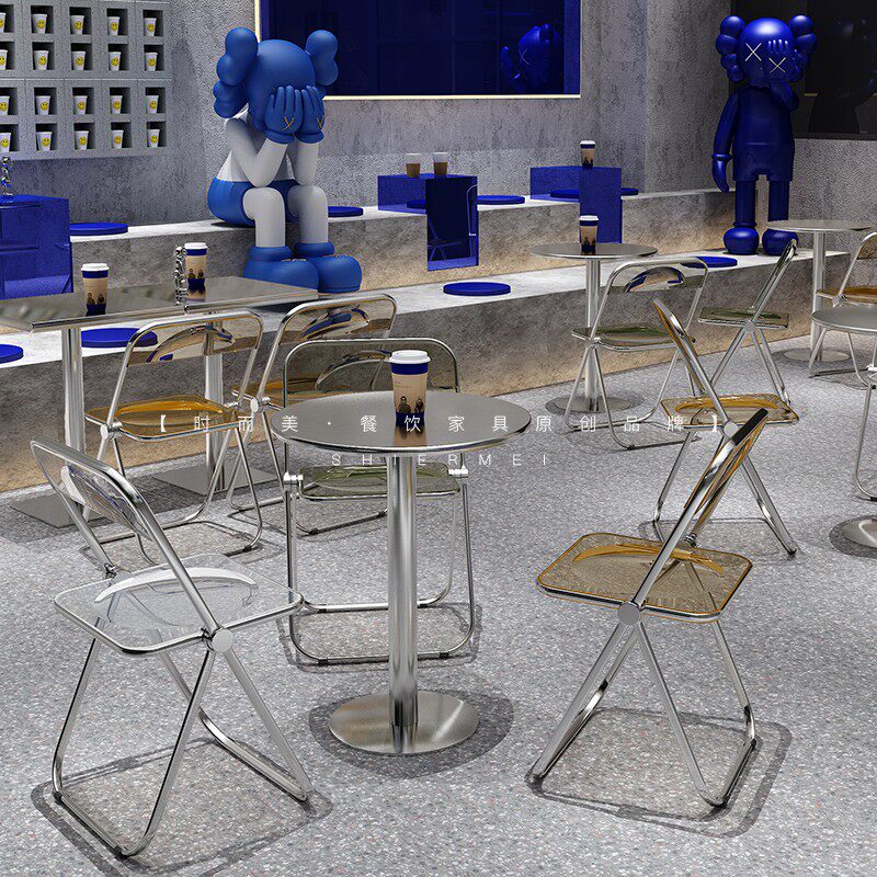 Net red ins milk tea sweets shop table and chairs combined industrial wind cafe stainless steel folding transparent acrylic chair