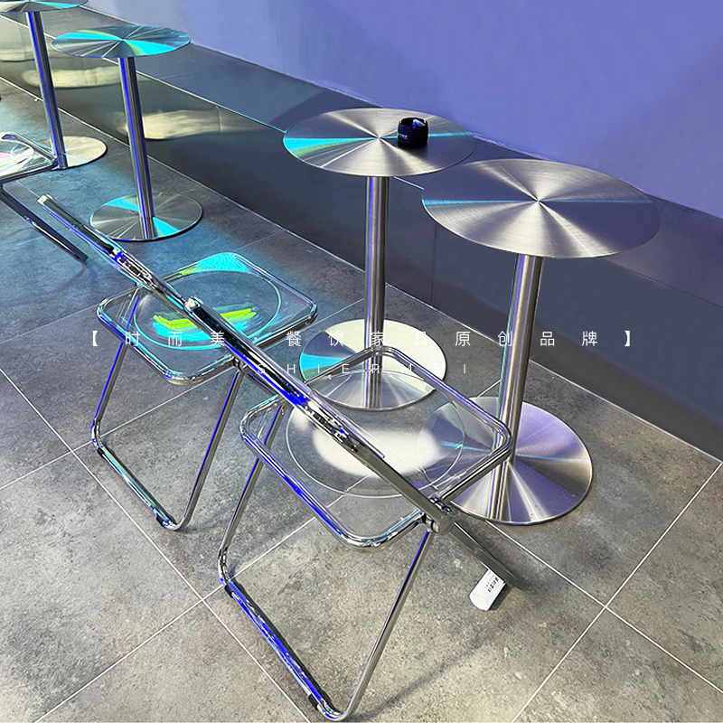 Industrial Style Coffee Shop, Milk Tea Shop, Stainless Steel Table and Chair Set, Trendy Dessert and Snack Shop, Transparent Folding Chair for Commercial Use