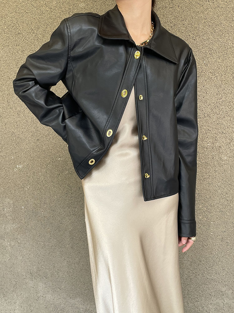 товар из китая masa法式小金扣翻领皮衣外套短设计感小众2022秋休闲酷飒机车外套 OTHER