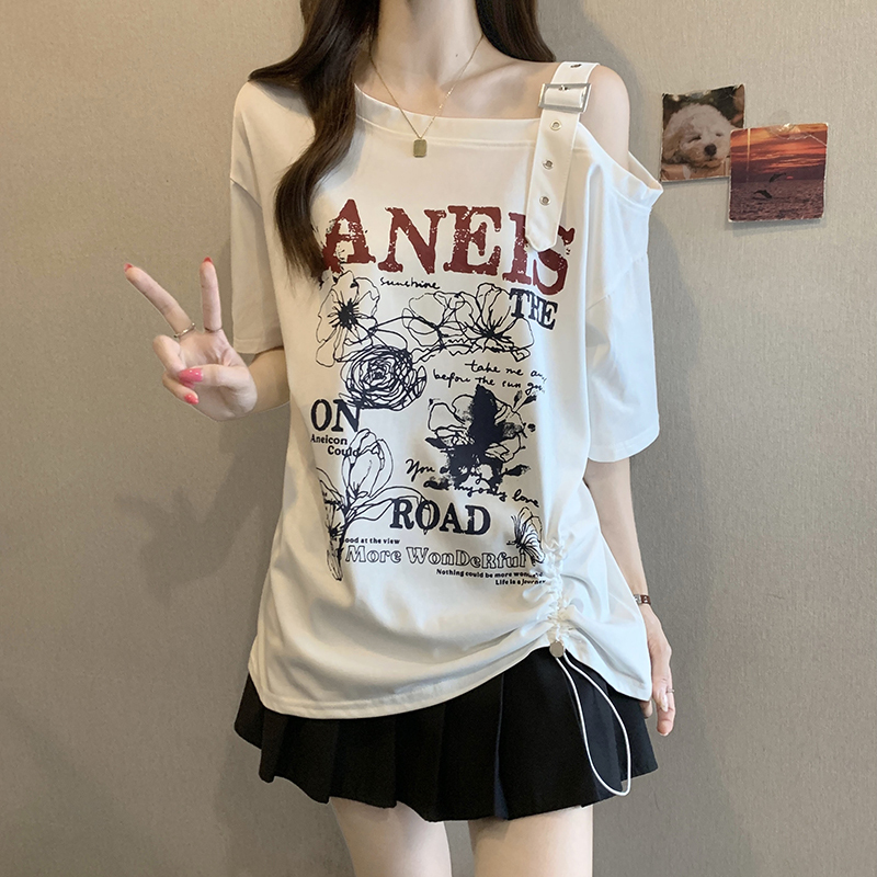Plus Size Irregular Drawstring Printed Short-Sleeved T-Shirt for Women in Summer, Loose Fit to Cover the Belly, Fashionable Off-Shoulder Top for Chubby Girls