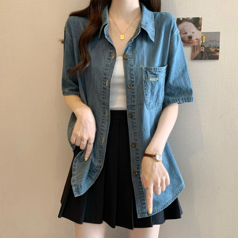 Plus Size Hong Kong Style Retro Denim Short-Sleeved Shirt for Women in Summer Fat Mm, Loose, Belly-Covering, Slimming Look, Versatile Jacket Top
