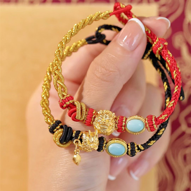 Golden Zodiac Dragon Transshipment Pearl Dragon Pendulum Tail Pure Hand Woven Bracelet Lether Dragon Ben Life Bracelet Lovers of the Year bracelet-Taobao