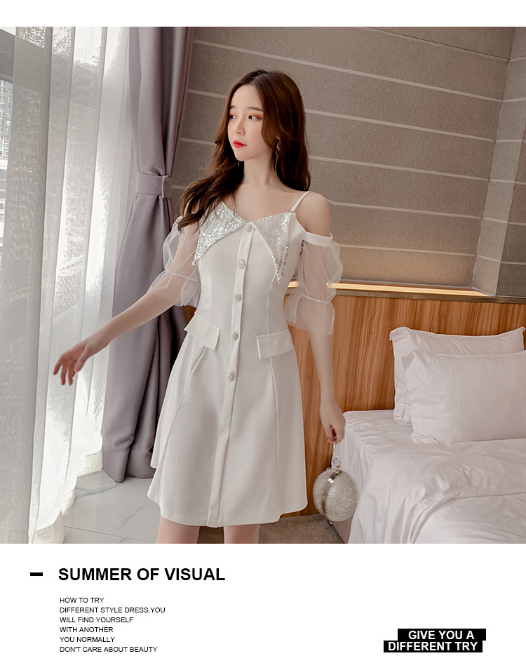 VK旗艦店 韓系性感名媛氣質一字領吊帶裙短袖洋裝