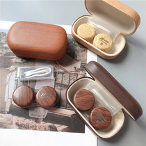 Fashion wood grain wood color contact lens case ins simple portable beauty pupil box myopia mirror storage box double box
