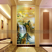 Modern decorative art glass background wall Entrance living room screen partition Carving craft glass Golden Mountain River