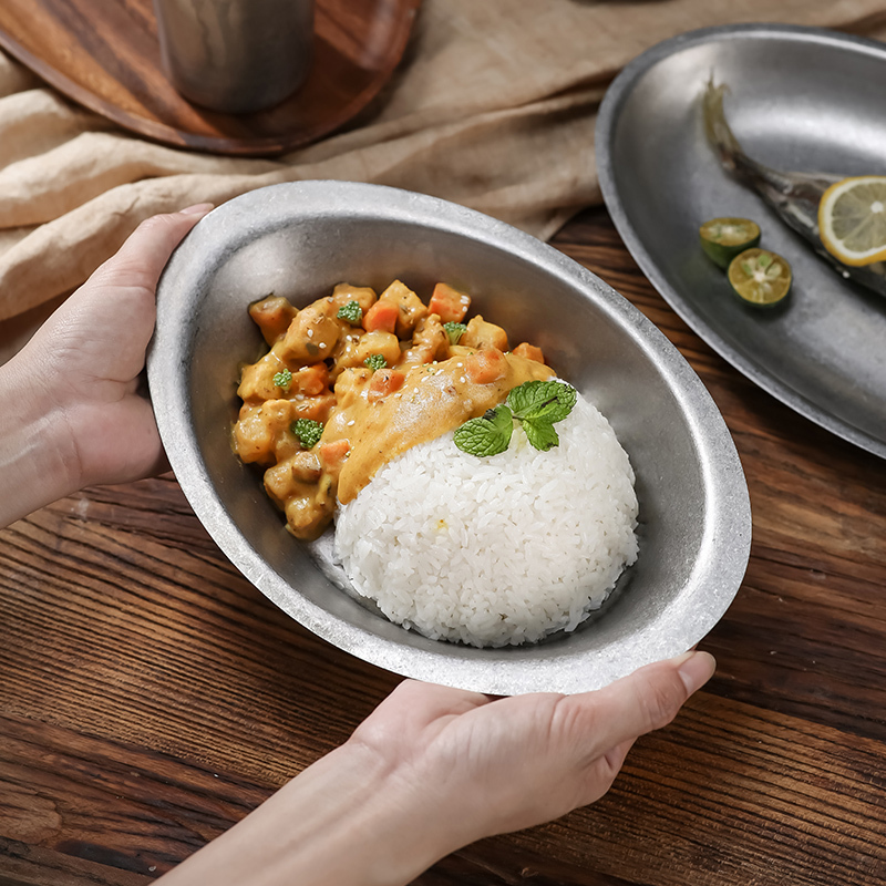 American Retro Tableware, Outdoor Camping Plate, High-Quality Stainless Steel Dinner Plate, Curry Plate, Deep Plate, Fruit Salad Plate