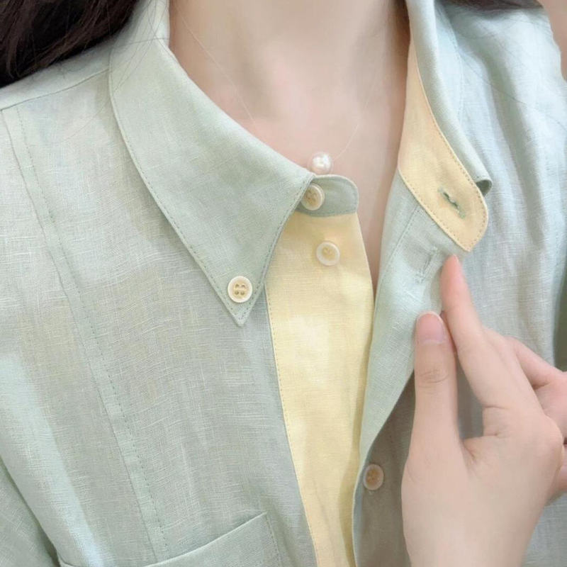 2026 Unique Contrasting Color Linen Short-Sleeved Shirt Dress for Women in Summer with a Lazy Elegant and High-End Feel, Tie-Up Shirt