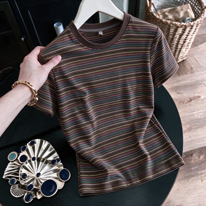 Fellerqi Short-Sleeved T-Shirt for Women 2026 Summer Thin Style Women's Round Neck Elegant Stripesd T-Shirt Summer Top Fellerqi Short-Sleeved T-Shirt for Women 2026 Summer Thin Style Women's Round Neck Elegant Stripesd T-Shirt Summer Top
