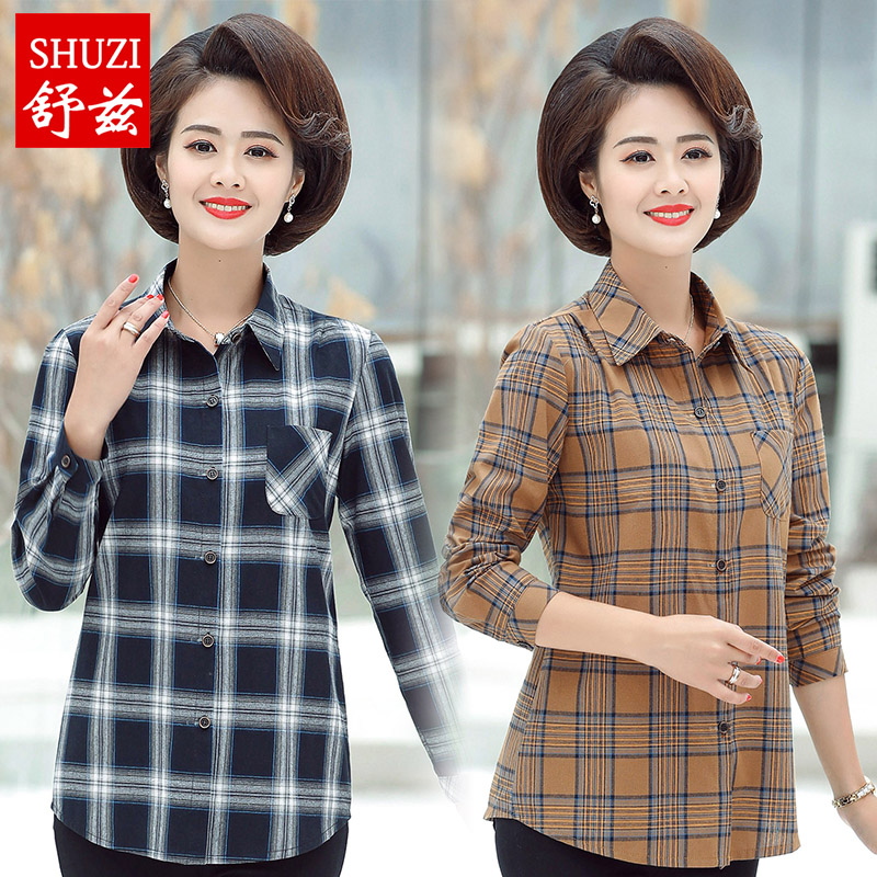 New Mom Spring and Autumn Long Sleeve Plaid Shirt Middle-aged and Elderly Women Casual Interior Shirt 40-50 Shirt T-Shirt