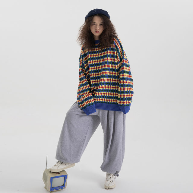 SLEEPZOO Korean ins contrast striped sweater tops for women in autumn and winter versatile loose retro sweaters