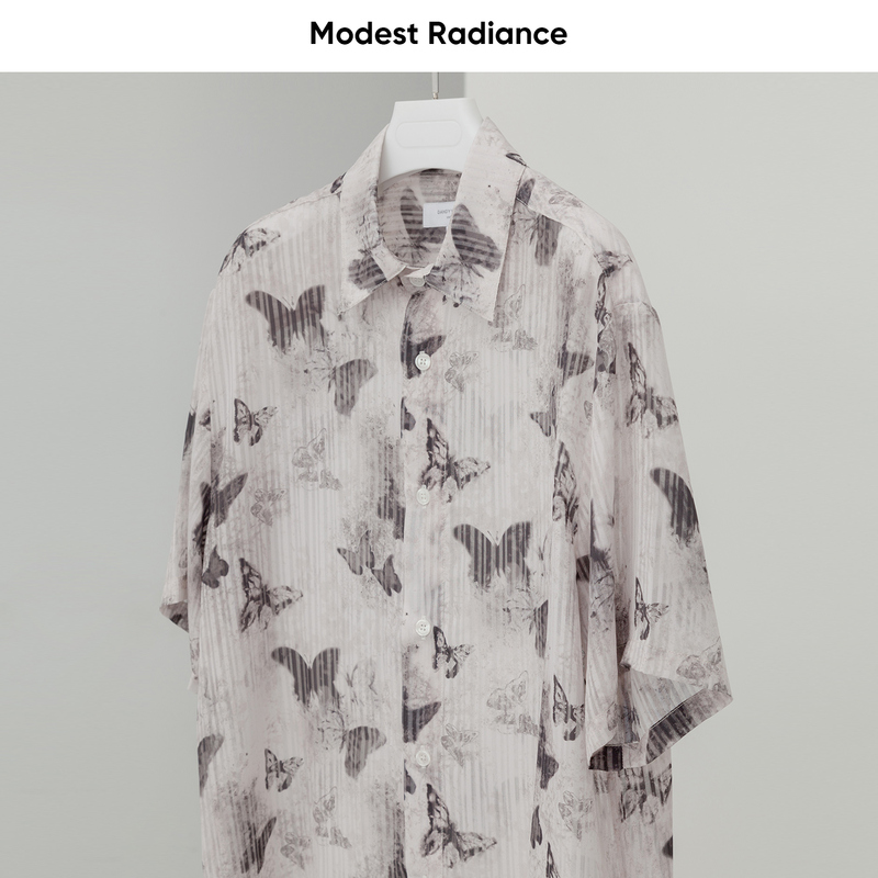 Mr Studio Summer Style Ink Butterfly Print Cut-Out Gauze Lightweight Short-Sleeved Loose Shirt 8548