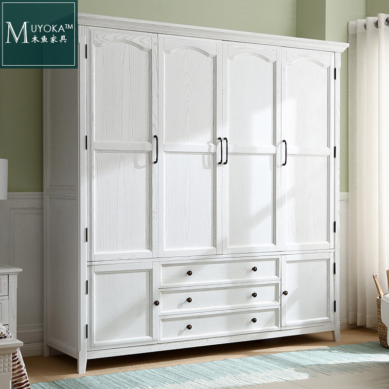 American solid wood four-door wardrobe white bedroom white wax wood wardrobe closet wood fish furniture solid wood wardrobe-Taobao
